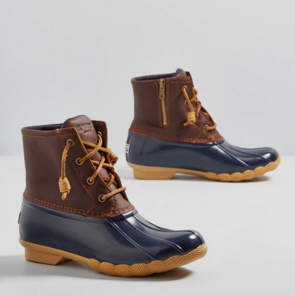 navy and tan duck boots